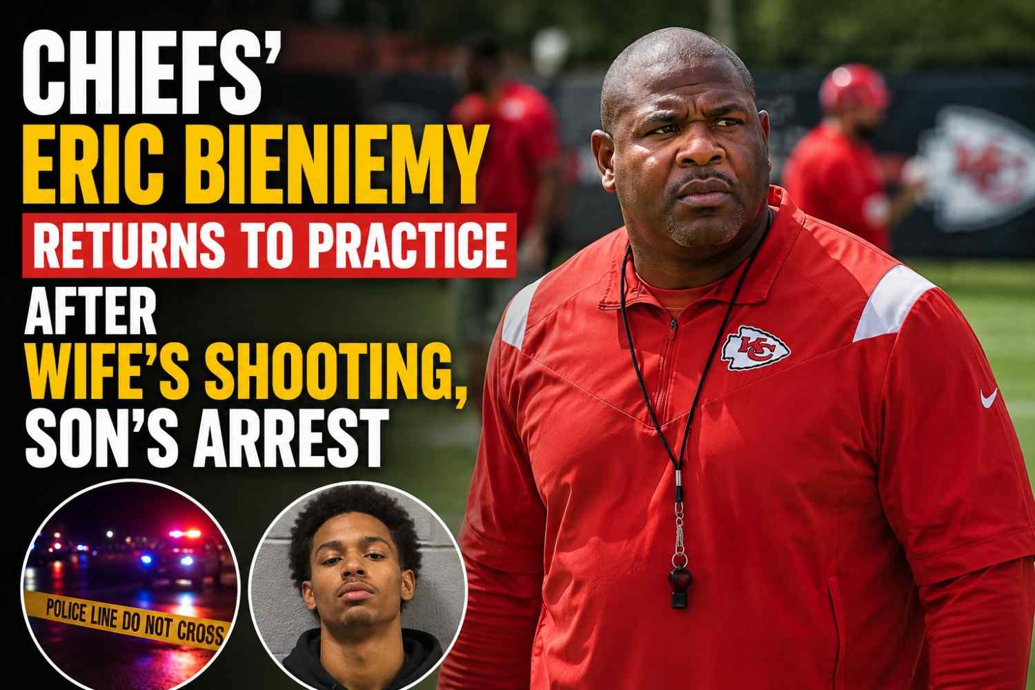 NFL coach walking onto a training camp practice field, representing Eric Bieniemy's return to the Chiefs