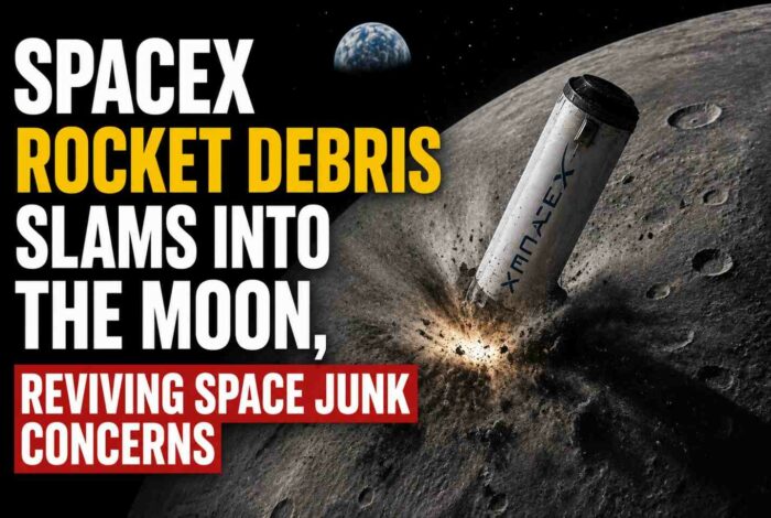 Rocket launching into space representing the SpaceX Falcon 9 stage that later collided with the moon