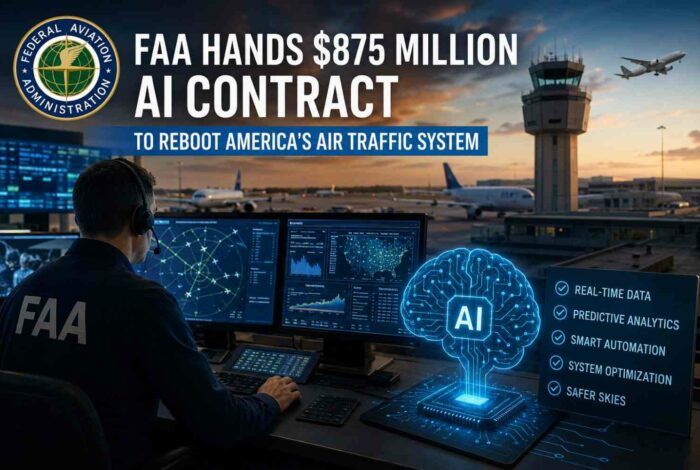 Air traffic control tower with digital flight tracking overlay representing FAA's new AI airspace system