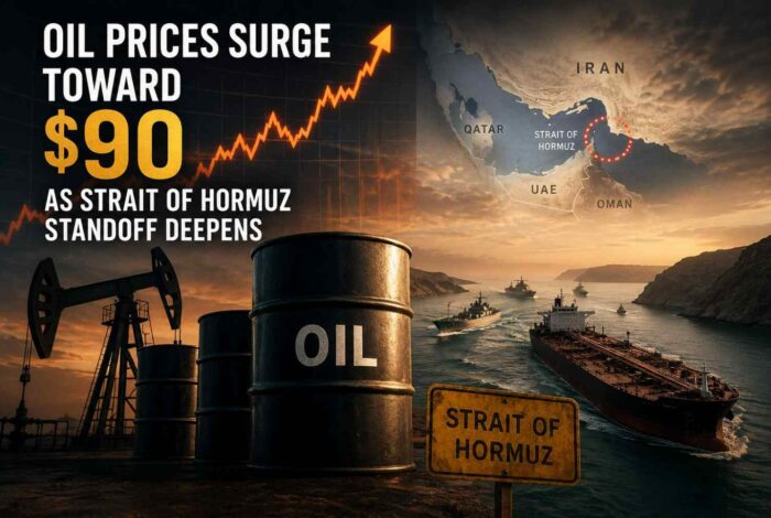 Oil tankers anchored near the Strait of Hormuz amid ongoing shipping disruptions in 2026.