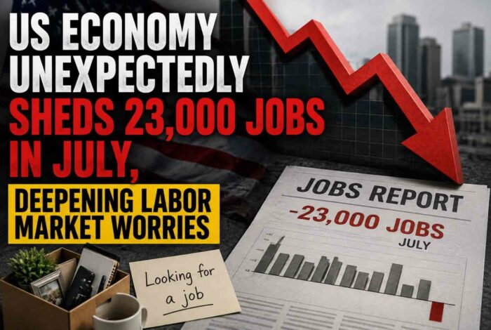 Job seekers reviewing listings at a hiring event reflecting July's unexpected US job losses